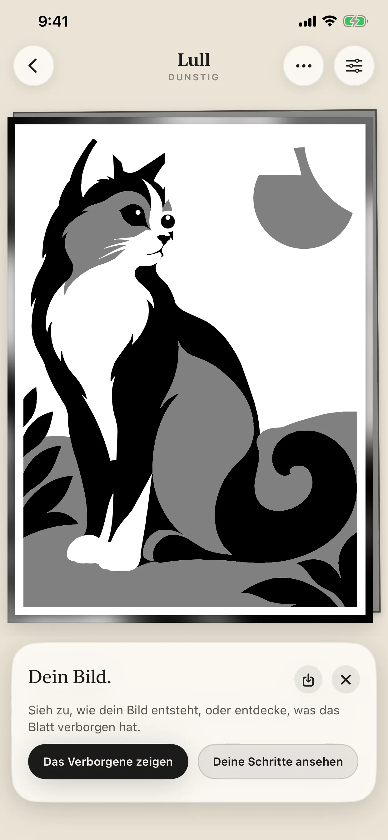 Gray-Matter-Bildschirm mit einem fertigen monochromen Bild und Optionen, ein Muster anzuzeigen oder den Malverlauf abzuspielen.