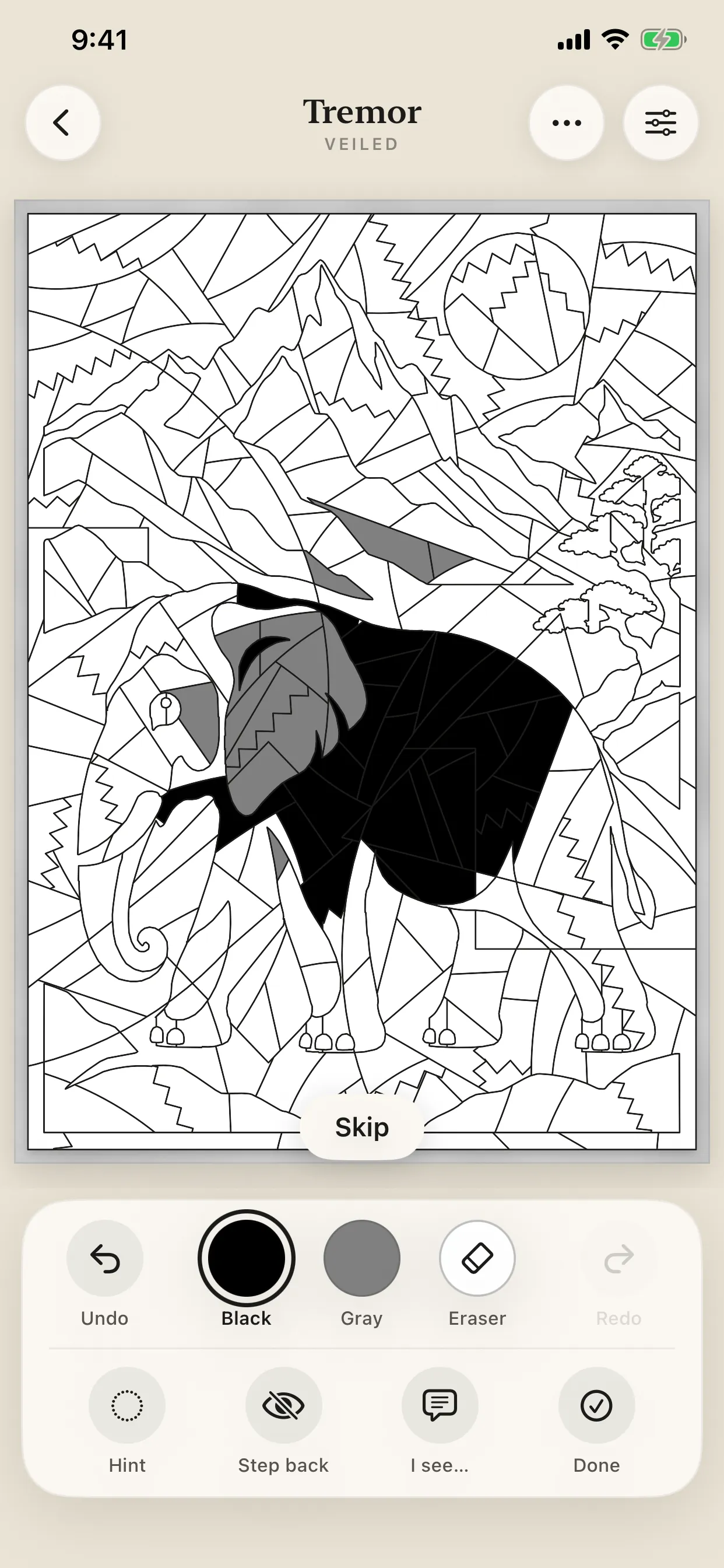 Gray Matter replay screen: coloring appears on an abstract sheet above the palette and editing controls.