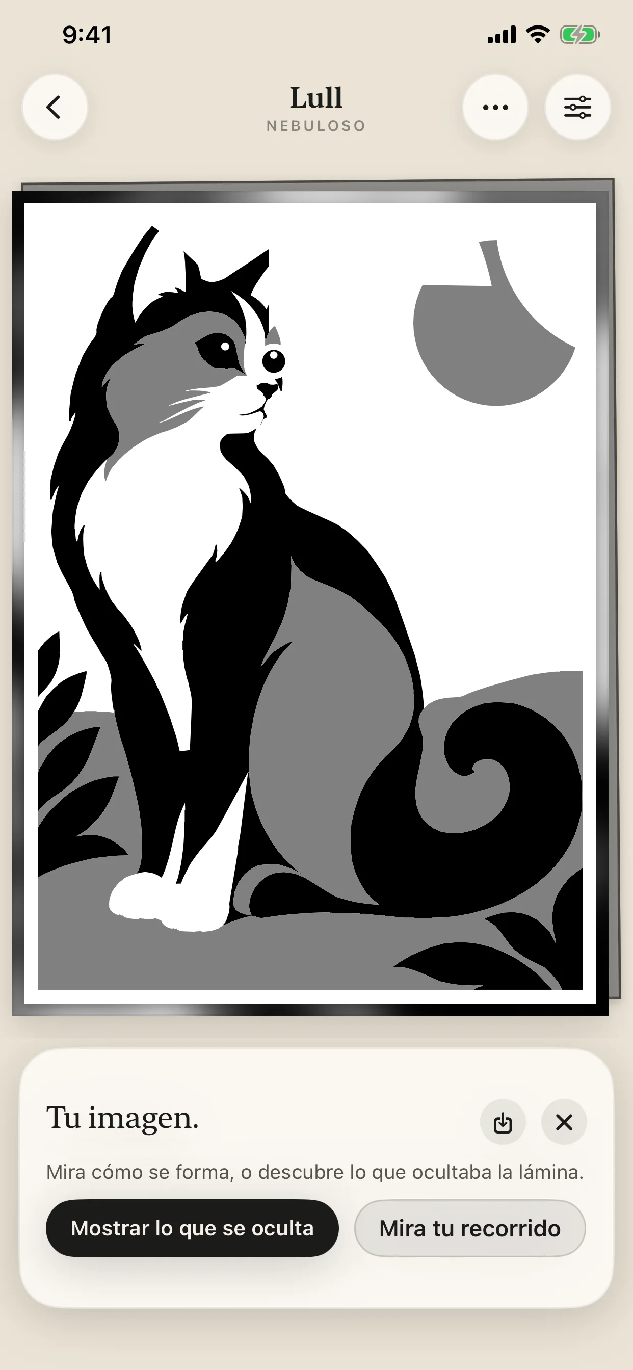 Pantalla de Gray Matter con una imagen monocromática terminada y opciones para mostrar una guía o reproducir el coloreado.