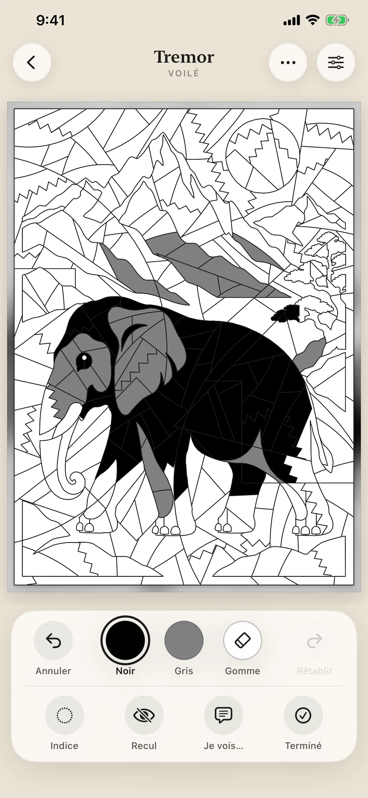 Écran de coloriage de Gray Matter : une feuille abstraite partiellement coloriée, avec les commandes de couleur, d’indice et de modification.