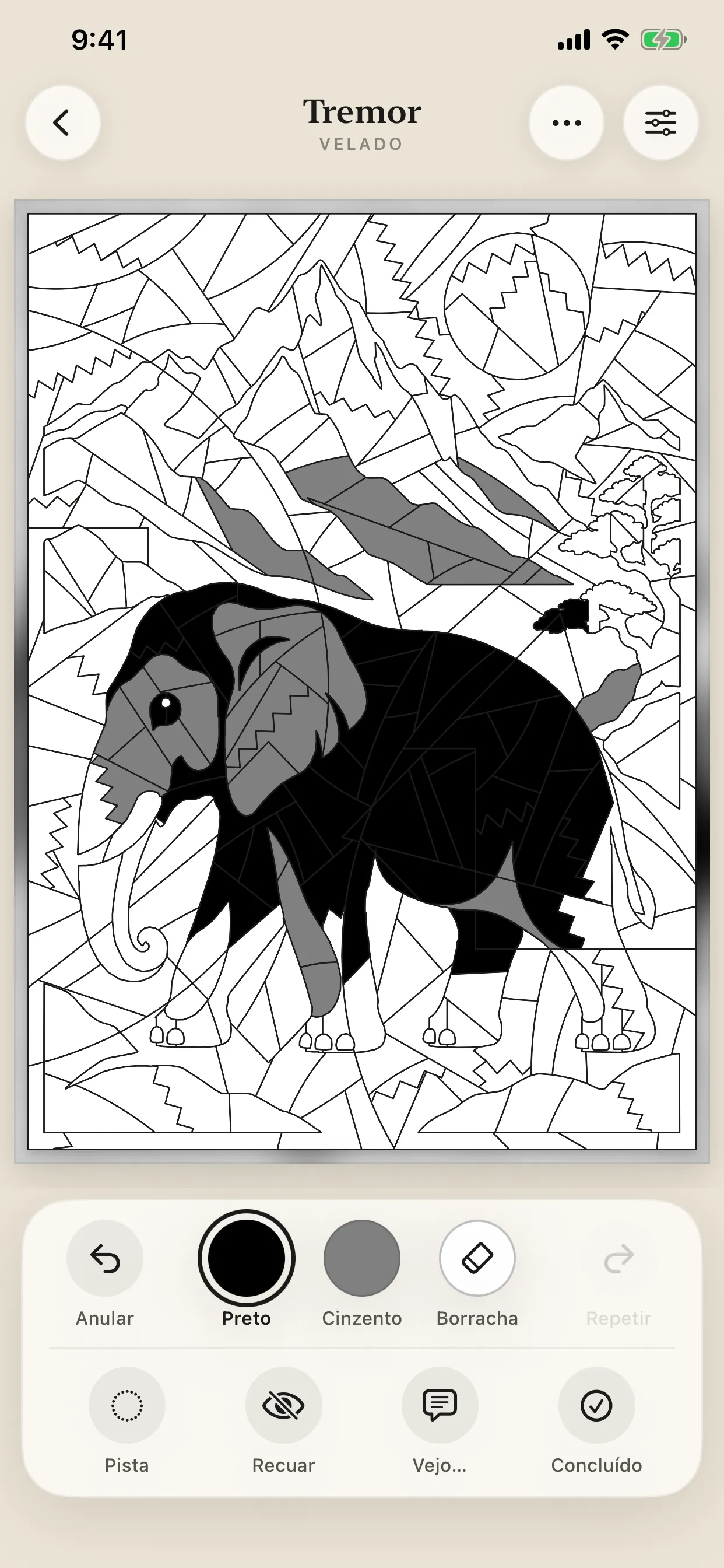 Ecrã de pintura do Gray Matter: uma folha abstrata parcialmente pintada, com controlos de cor, pistas e edição.