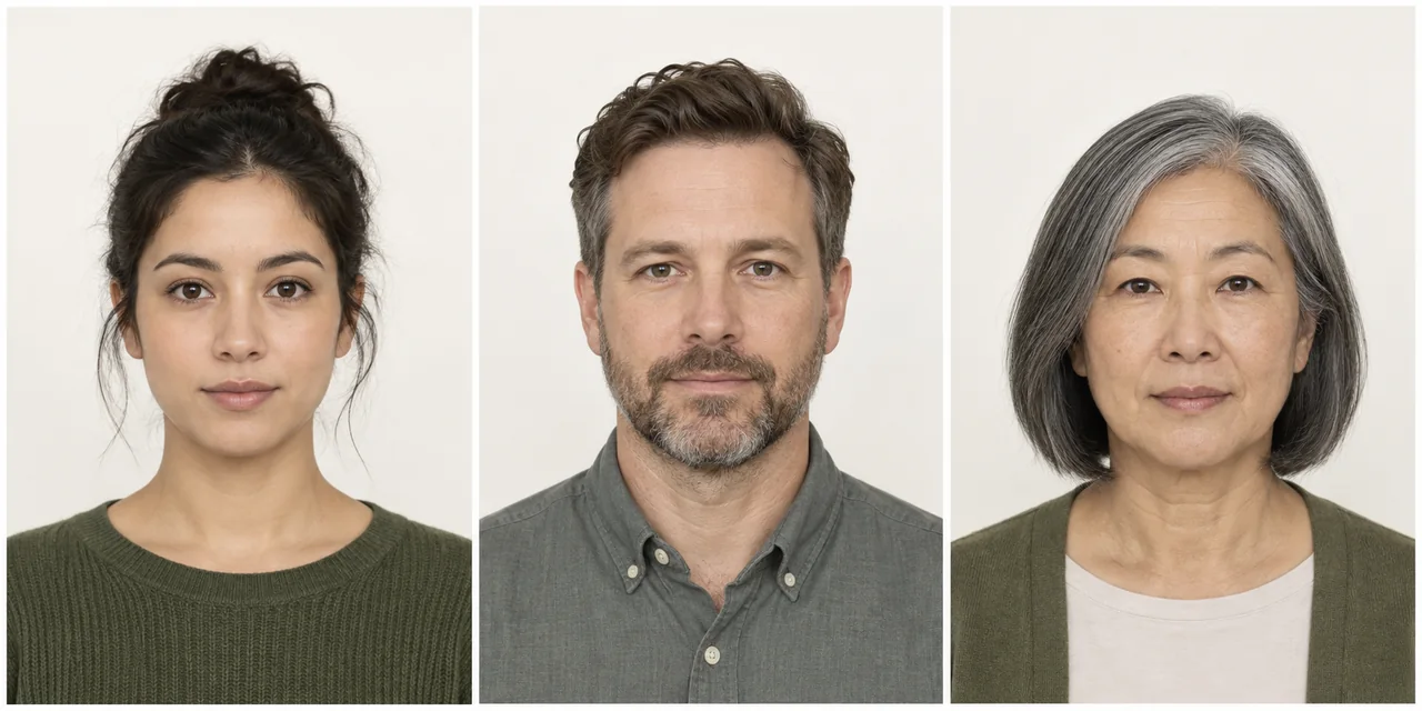 Three fictional front-facing ID photo portraits on warm white backgrounds.