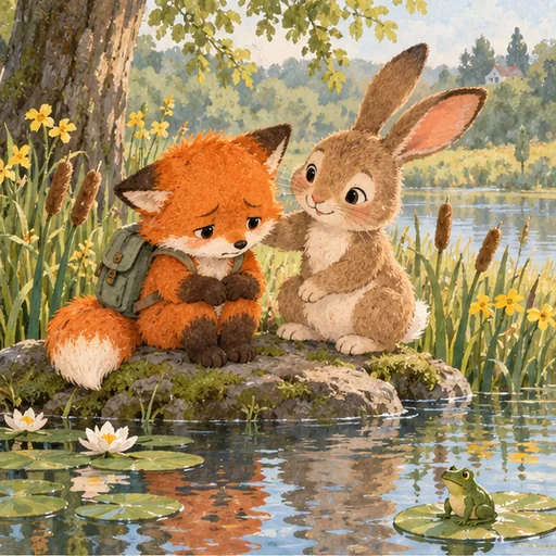 Fox and Rabbit share a gentle moment beside a pond.
