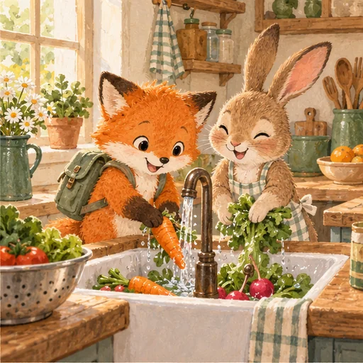 Fox and Rabbit wash vegetables together in a sunny kitchen.