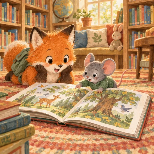 Fox and Mouse read a big picture book in a sunny library.